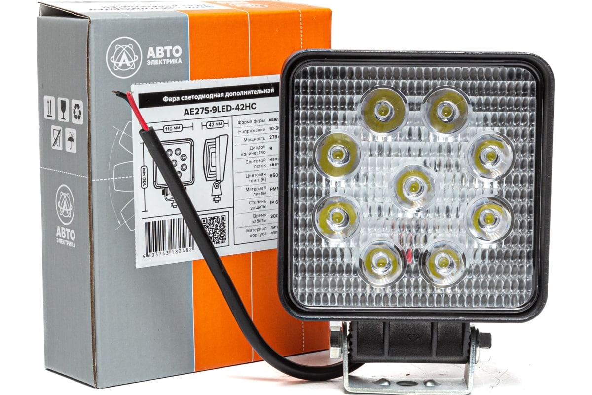 Фара рабочая квадратная AVTOELECTRICA LED 110х140х28мм 27Вт (9 светодиодов) (направленный свет) AE27S-9LED-42HC, 09.1881