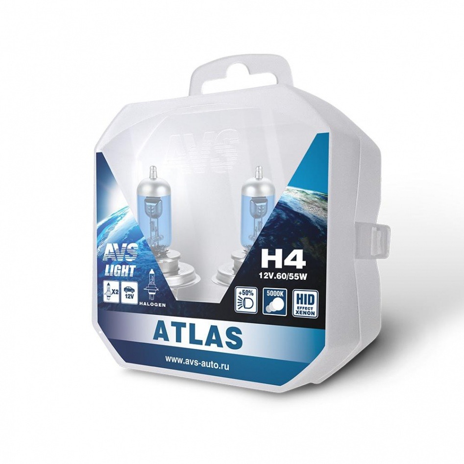 Лампа Н4 12-60/55 AVS ATLAS PB 5000К Plastic BOX к-кт 2шт A78908S