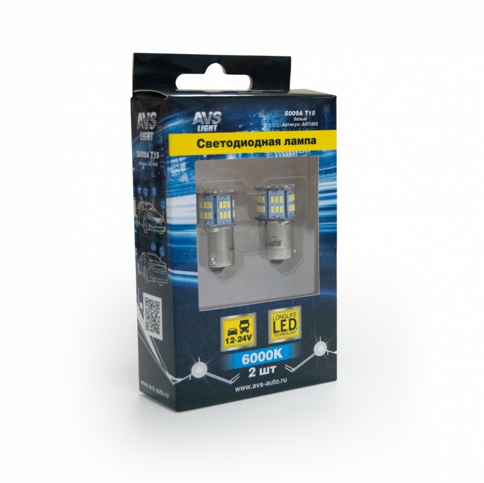 Лампа светодиодная 24В T15 (BA15S) 54SMD (3014) белый к-кт 2шт AVS A07186S