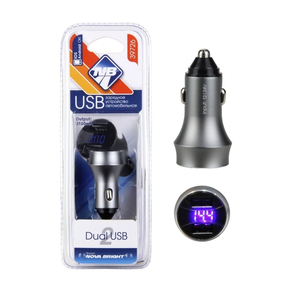 Зарядное устройство USB NOVA BRIGHT (2порта)  вольтметром 39726