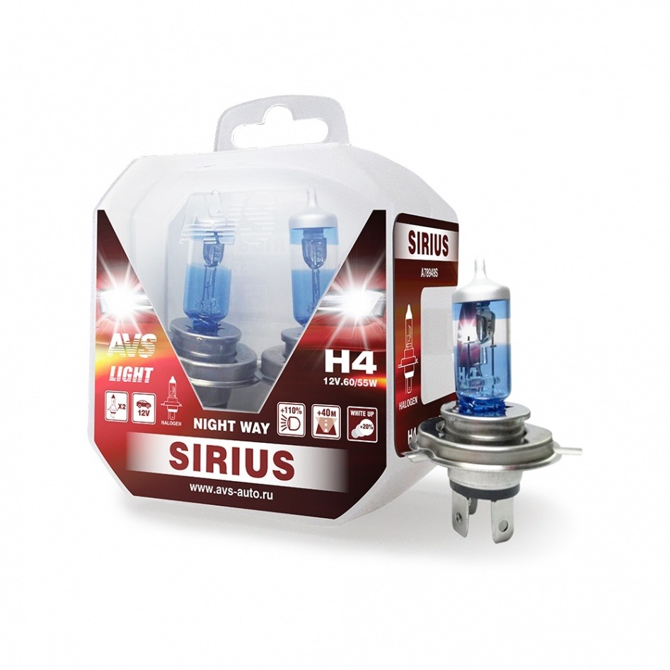 Лампа Н4 12-60/55 AVS SIRIUS NIGHT WAY Plastic BOX 2шт A78949S