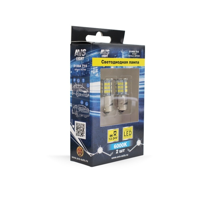 Лампа светодиодная 24В T15 (BA15S) 78SMD (3014) белый к-кт 2шт AVS A07185S
