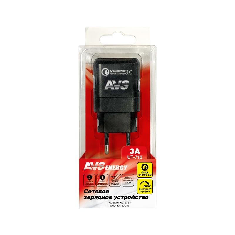 Зарядное устройство USB AVS (1порт) UT-713 Quick Charge (1.5-3A) A07979S