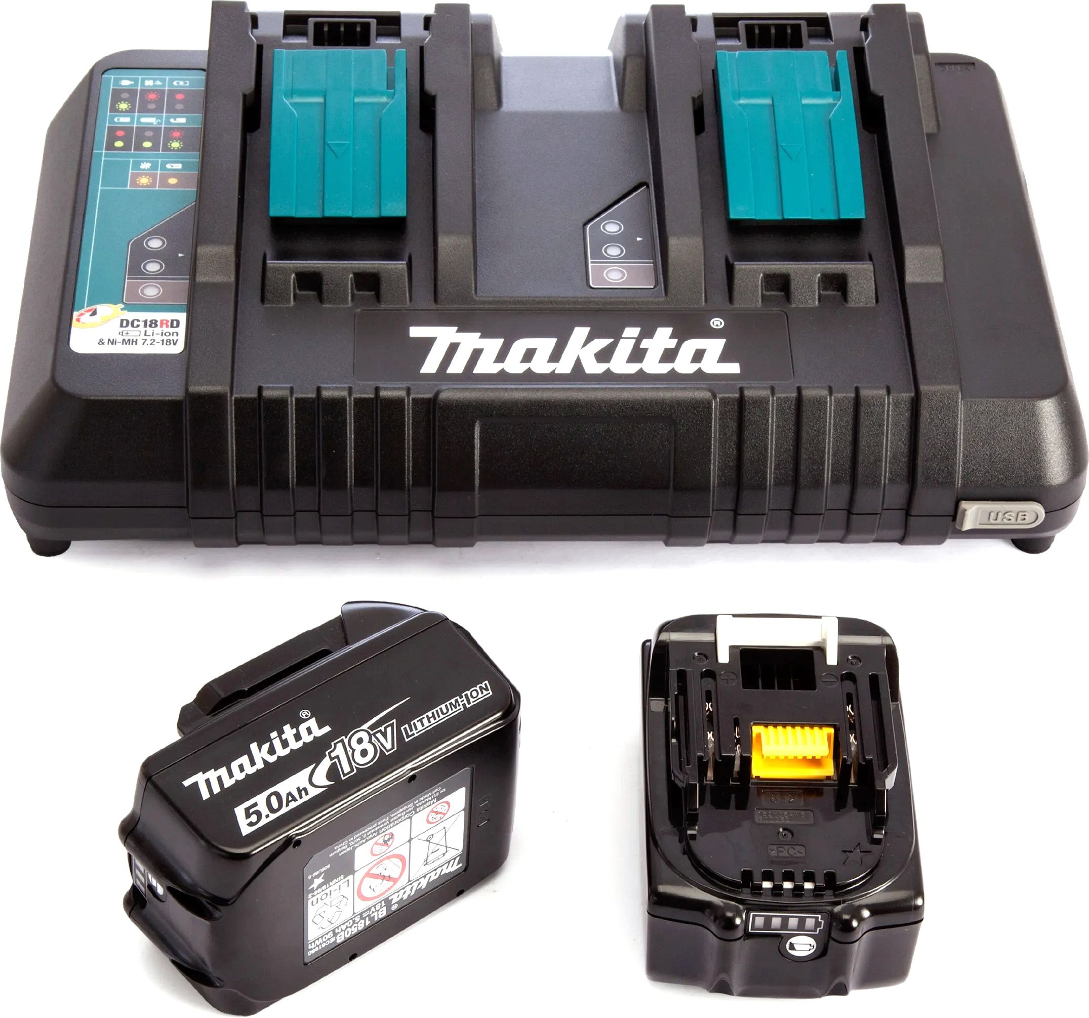 Аккумулятор (набор) MAKITA 191L75-3 (акб BL1850B 2 шт + зарядное DC18RD (18V 2x5.0Ач, Li-lon)