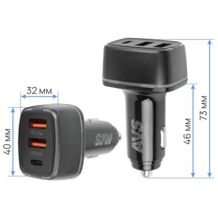 Зарядное устройство USB AVS (3порта)  UC-742 (USB/1 PD Type-C, 6.5 A, 42.5Вт) A07317S