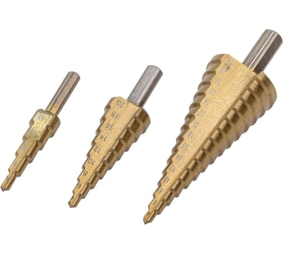 Набор сверл ступенчатых 3шт 4.0-12.0мм, 4.0-20.0мм, 4.0-32.0мм в блистере ROCKFORCE RF-44730B