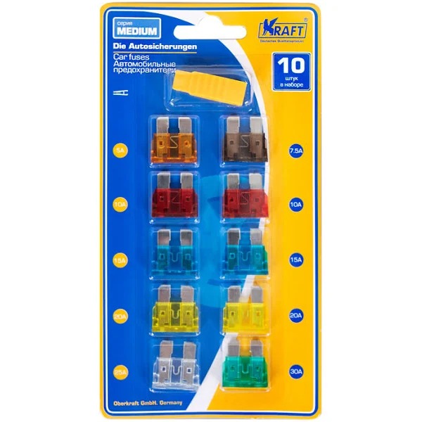 Предохранители плоские (набор) стандарт KRAFT KT 870018 10шт с пинцетом