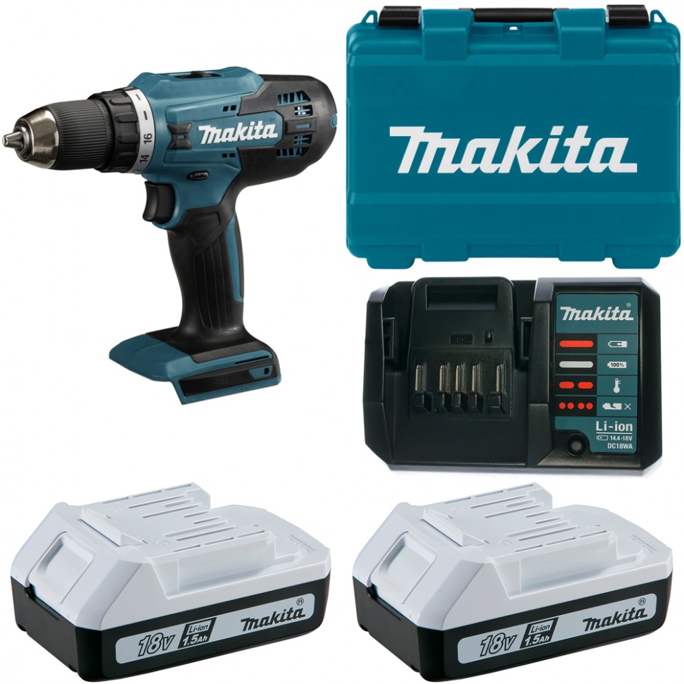 Дрель-шуруповерт MAKITA DF488DWE с АКБ 18.0В 1.5Ач (2 АКБ Li-Ion, кейс)