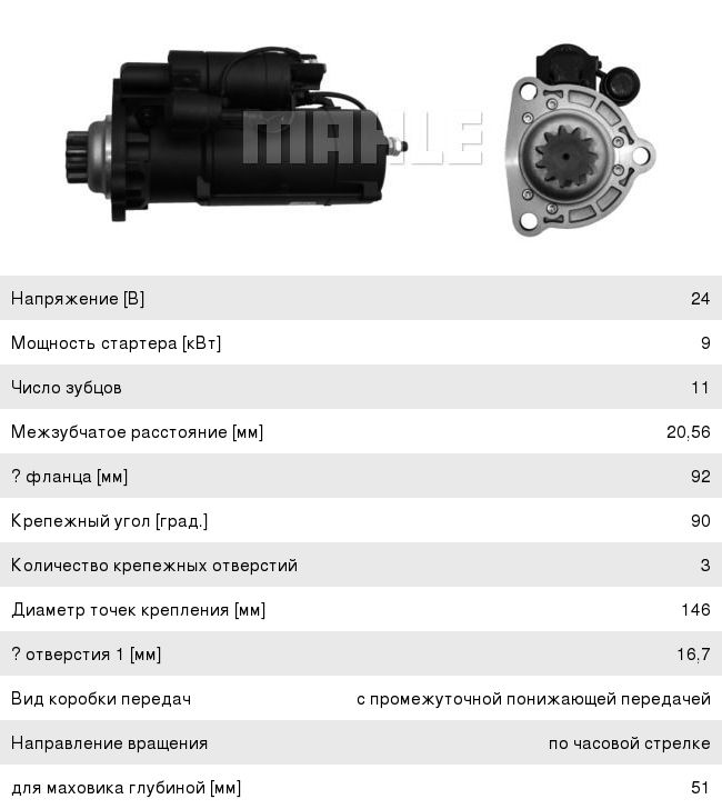 Стартер MAHLE AZG4689 MS77 24V 9kW Case, Caterpillar, Cummins, Steiger, аналоги 1990485, 2071